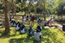 Siswa SMK Kesehatan Hamzar Pringgabaya menggelar bakti sosial berupa pemeriksaan tensi gratis bagi pengunjung Kebun Raya Lemor, Suela Lombok Timur